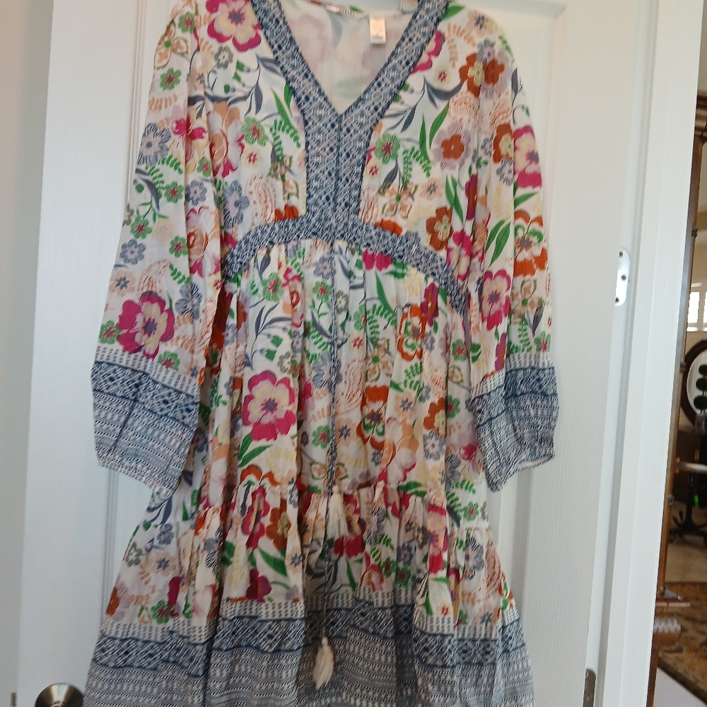 Floral Peasant Dress with Blue Accents